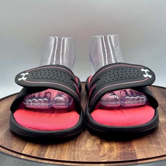 UNDER ARMOUR Sandals Youth Girl Size 10 Black and Pink Hook and Loop Slides - Picture 2 of 11